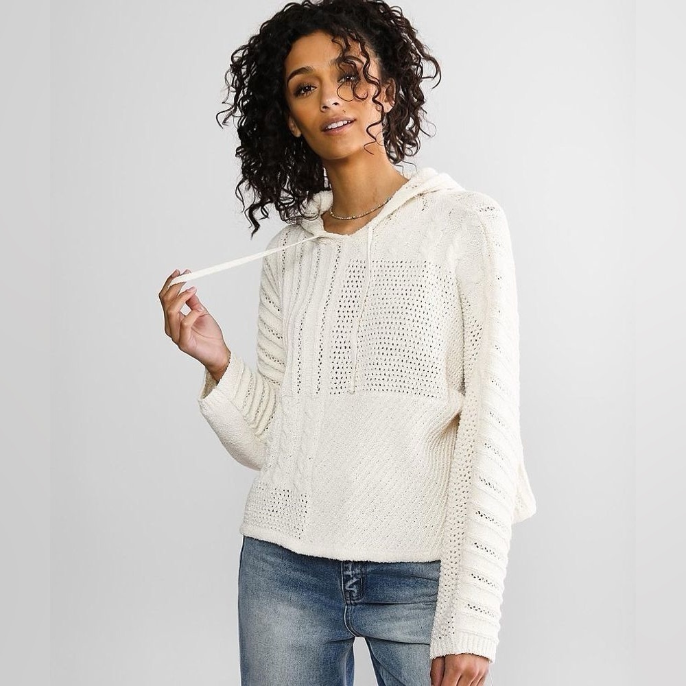 BKE Mixed Stitch Hooded Sweater wide semi crop cream women’s size small - Picture 1 of 8